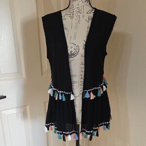 Black Sleeveless Boho Vest with Colorful Tassels